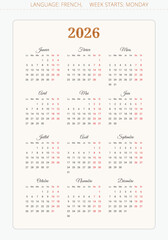 2026 french calendar. Vector illustration for France. 12 months year calendrier