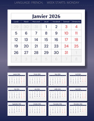2026 calendar. Year french pages shadow. Vector illustration set for France - calendrier