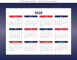2026 french calendar. Vector illustration in colors flag of France. francaise calendrier