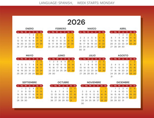 2026 spanish annual calendar. Vector modern illustration color of flag of Spain - year calendario