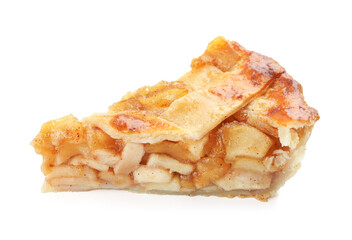 Piece of delicious homemade apple pie isolated on white