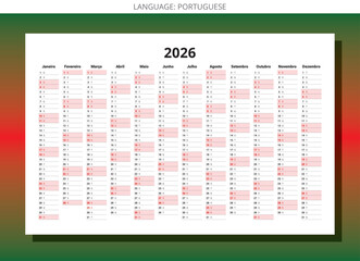 Portuguese annual planner calendar for 2026 with space notes for each day in year for Portugal