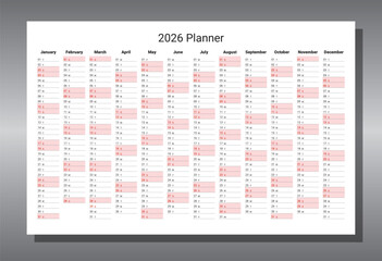 2026 business year planner calendar notes. English vector illustration