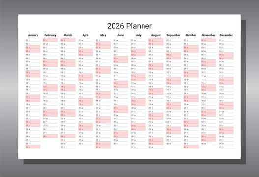 2026 business year planner calendar notes. English vector illustration