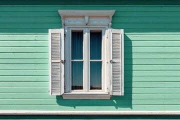 Fototapeta premium White window with shutters on a green wood-sided wall. Use for travel, vintage, architecture, or home decor themes.
