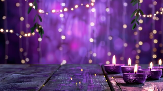 Vibrant Purple Background with Floating Candles and Soft Glittering Lights for Peaceful Ambiance and Relaxation