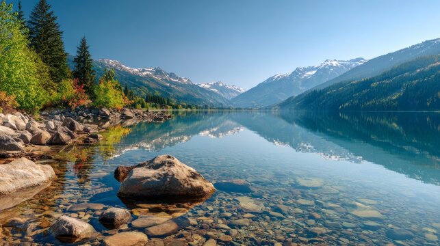 Crystal clear lake reflects snow-capped mountains and autumn foliage, creating a serene and stunning natural vista