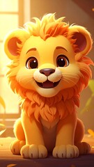 Obraz premium Adorable cartoon lion cub with a fluffy mane sits and smiles sweetly at the viewer