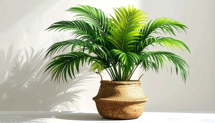 Obraz premium Lush green palm plant in a woven basket, sunlit