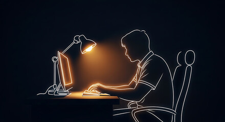 Concentrated student studying late at night, illuminated by warm desk lamp, modern minimalist design conveys focus, perfect for technology or education themes