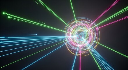 Fototapeta premium Abstract representation of data flow and energy convergence with colorful light beams emanating from a central glowing core in a dark space.