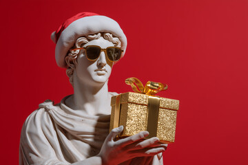 A statue of a Greek god wearing a Santa hat, a knitted sweater, and sunglasses, holding a gift box. A Christmas gift.