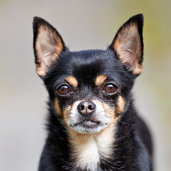 An alert black and tan Chihuahua dog gazes directly at the camera with large, expressive eyes and perked ears. This adorable small breed canine is captured in a close-up portrait, highlighting its cha
