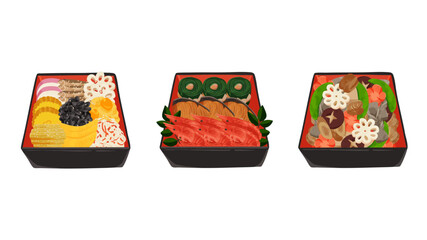 重箱のおせち3種類セット　水彩風手描きベクターイラスト