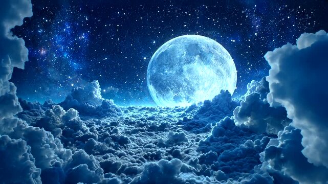 Dramatic blue full moon and starry night sky above a vast sea of glowing clouds
