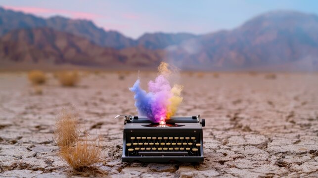 Vintage Typewriter on Cracked Ground with Colorful Smoke Emanating in a Surreal Desert Landscape