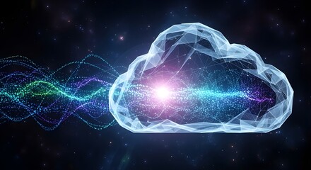 A polygonal cloud with a bright center and flowing data streams against a starry dark background