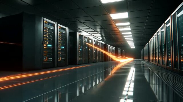 A long data center hallway is lined with servers, illuminated by lights and streaming data