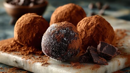 Four chocolate truffles sit on a marble slab, dusted with cocoa powder. Use for blog posts, ads, or articles about desserts and chocolatiers.
