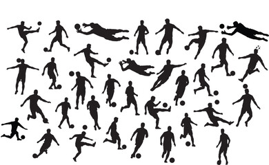 Set of multiple soccer players silhouettes in various action poses, vector graphic.