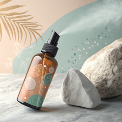 Refreshing facial mist bottle spritzed with natural botanicals and tropical leaves presenting a serene ambiance illustration