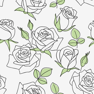 Seamless pattern with outline spring rose bud and green leaves. Floral wallpaper for dress fabric. Vector stock illustration. Hand drawn. Not AI