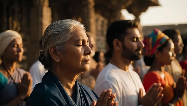 Devotees praying at an Indian temple with hands together spiritual gathering