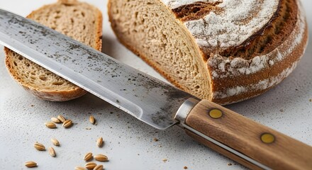 Rustic bread loaf with knife and wheat grains on a light surface