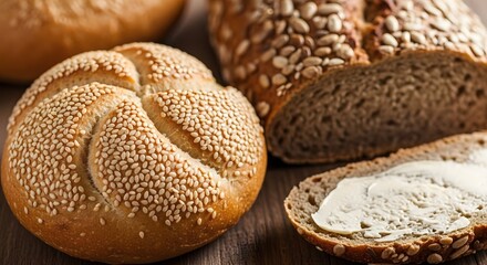 Freshly baked kaiser roll with sesame seeds and whole grain bread.