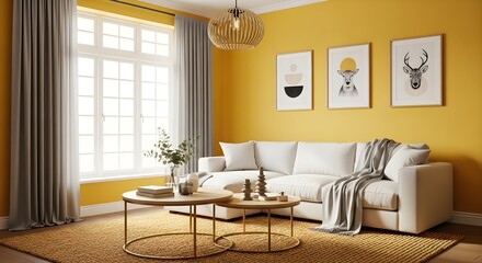 Fototapeta premium Modern living room with yellow walls and abstract art on wall