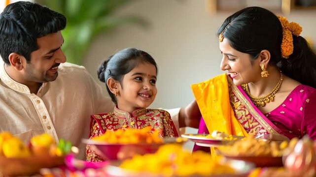 A heartwarming portrait of an Indian family, joyfully sharing a meal together, creating an atmosphere of warmth and togetherness. Capturing the spirit of togetherness and celebration of culture.
