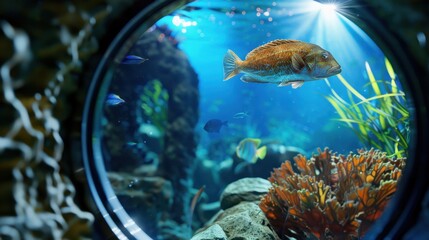 Obraz premium Underwater Scene with Colorful Fish and Vibrant Coral Reef Through Round Observation Window