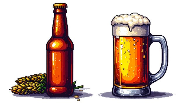 Beer Bottle and Mug Illustration.