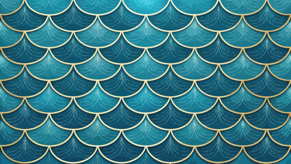 Abstract Teal Fish Scale Pattern Design with Gold Details