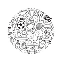 Sports and Fitness Doodle Icon Set. Hand-drawn collection of game equipment illustrations arranged in a circle. Black and white vector sketch.
