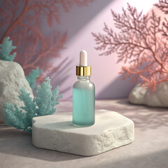 Minimalist beauty product bottle with dropper displayed on textured stone shelf illustration