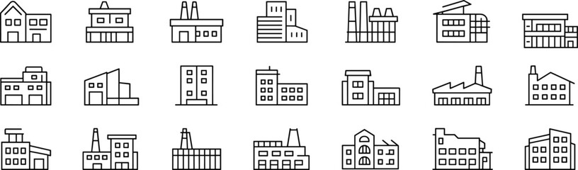 Obraz premium Factory building icon set, industrial vector illustration collection, modern manufacturing plant and warehouse architecture design, production facility outline symbols, construct