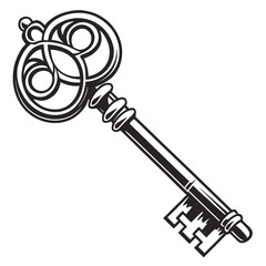 Ornate Black and White Antique Skeleton Key Illustration vintage