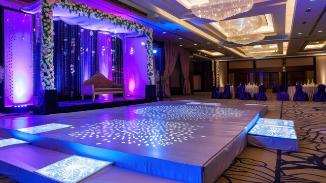 Elegant Event Space with Ambient Lighting and Decorative Stage for Celebrations and Gatherings
