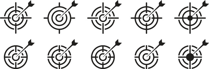 Set of goals. Target icon. Archery target with arrow isolated, goal symbol. Target and goal abstract vector icons set