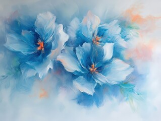 A soft painting of three large blue flowers with orange centers on a light background with soft edges