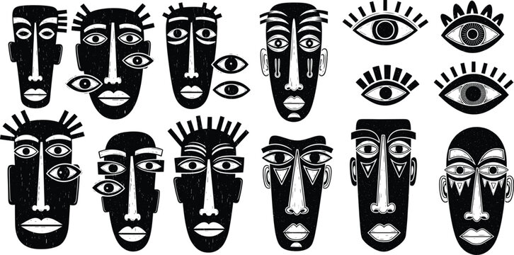 Abstract Primitive Faces and Eyes African Tribal Art Vector