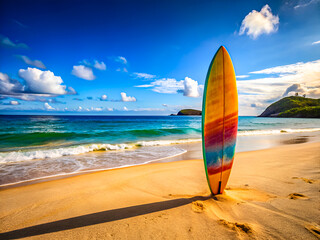 Colorful Surfboard on Tropical Beach with Turquoise Ocean – Summer Surfing Paradise HD Wallpaper