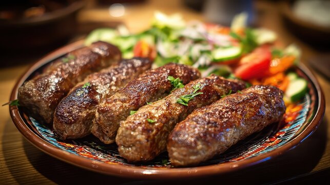 Close up of cevapcici with salad on a plate, wooden table. Good for restaurant menu, ads, or food blog illustrations.