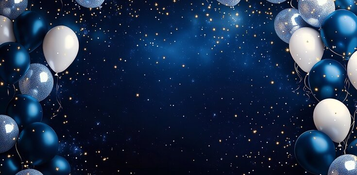 Elegant navy and silver balloons frame a starry night sky, perfect for upscale celebrations, corporate events, or magical birthday invitations with a festive mood