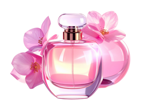 Elegant Perfume Bottle with Pink Liquid and Floral Accent, Luxury Beauty Product PNG Isolated - Powered by Adobe