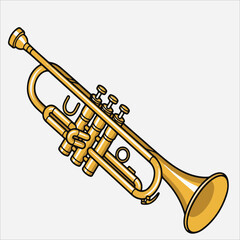Obraz premium A cartoon-style illustration of a shiny golden trumpet with valves on a plain white background.