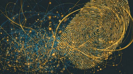Abstract fingerprint graphic with digital data visualization on dark backdrop