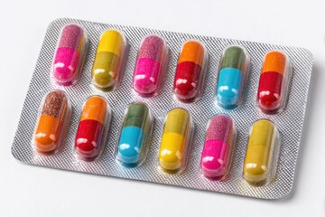 Colorful Pharmaceutical Capsules in Blister Pack: Multi-Colored Medication for Health and Wellness on White Background