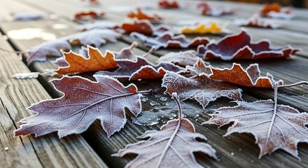Close up of frosted autumn leaves on weathered wooden planks soft sunlight